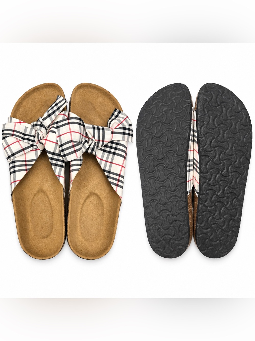 Source Unknown Plaid Knot-Top Slide Sandals in White, Black & Red